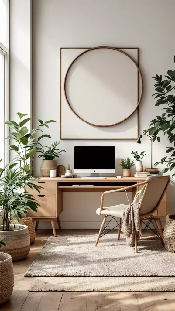 A well-decorated Bohemian home office featuring natural wood accents.