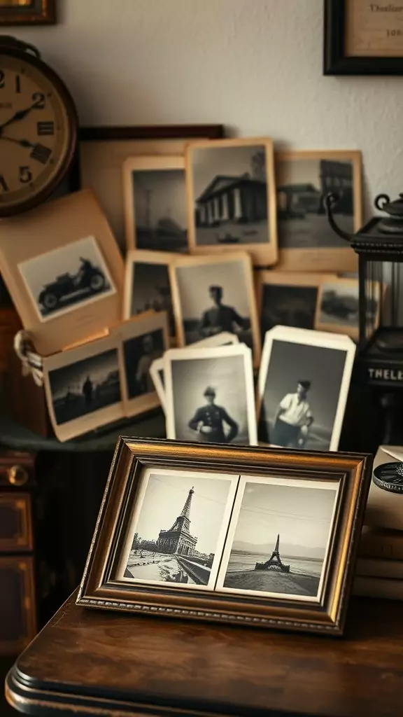 A collection of sepia-toned photographs displayed in a cozy office setting.