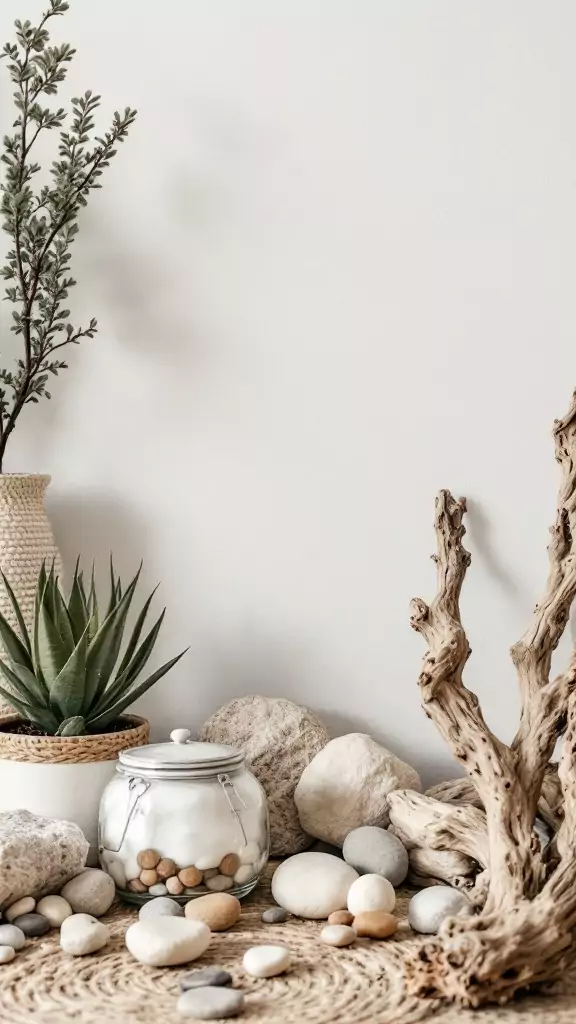 Boho office decor featuring natural elements like stones and plants