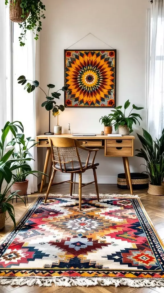 A vibrant patterned area rug placed under a wooden desk in a Boho office setting.