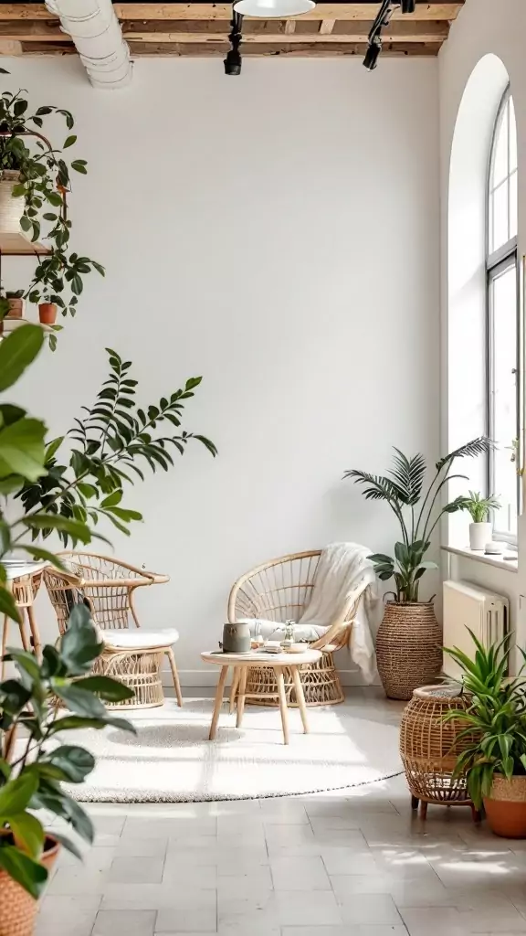 A beautifully decorated workspace featuring rattan furniture and lush green plants.