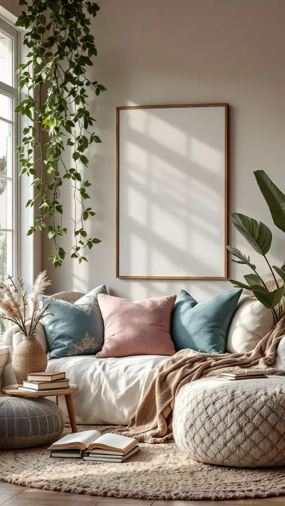 A cozy reading nook with cushions, a rug, and plants.