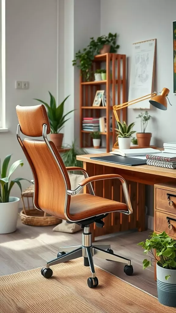 A retro office chair in a bright home office with plants and a wooden desk.