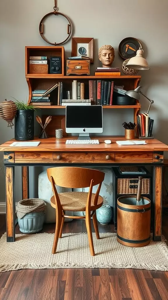 A rustic wooden desk with shelves, an ergonomic chair, and decorative items in a vintage style room.