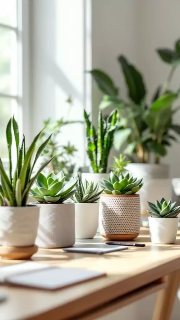 Succulent plants in various pots on a wooden table next to a window