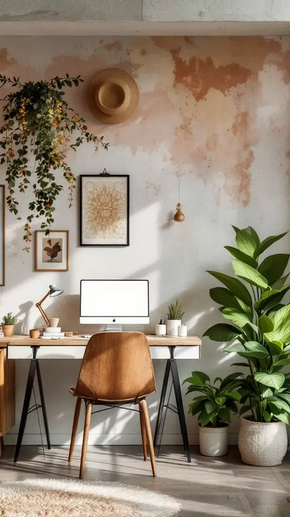 A stylish home office featuring textured walls and a cozy setup.