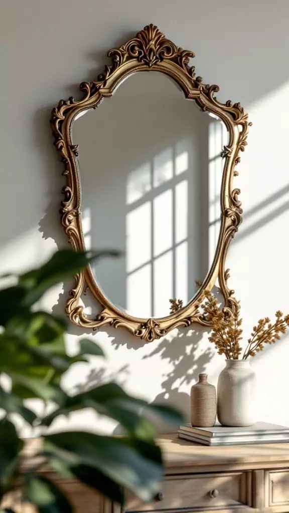 An ornate vintage wall mirror reflecting light, surrounded by greenery and decorative elements.