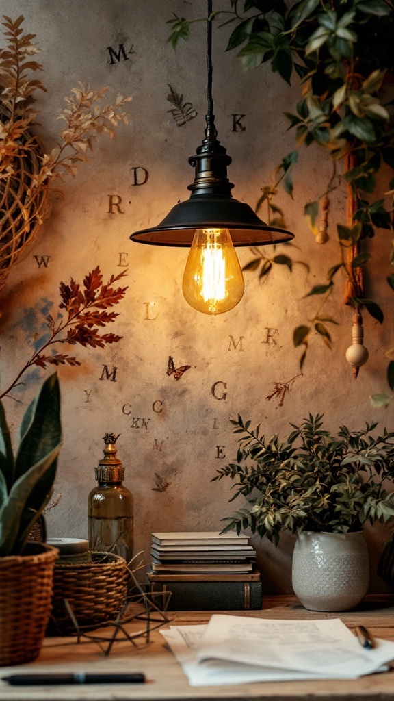 A vintage hanging light fixture illuminating a cozy workspace with plants and books.