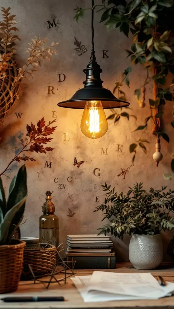 A vintage hanging light fixture illuminating a cozy workspace with plants and books.