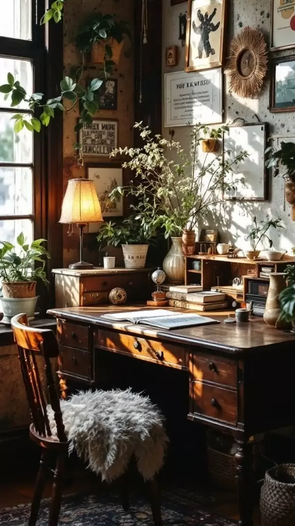 A vintage wooden desk with plants and decor items in a cozy office setting.