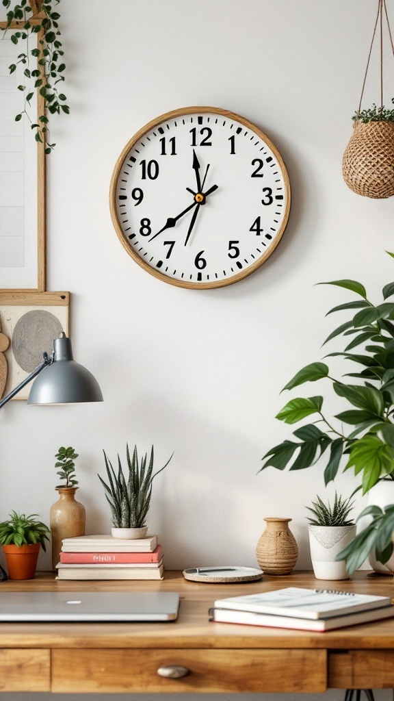 A minimalist clock on a wall with plants and a wooden desk in a Boho office space.