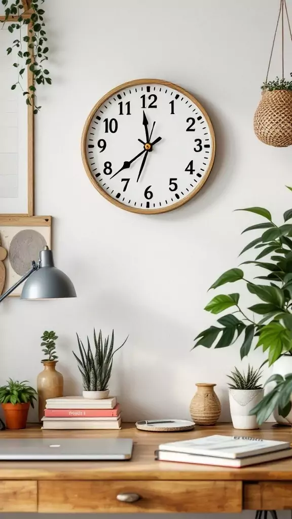 A minimalist clock on a wall with plants and a wooden desk in a Boho office space.