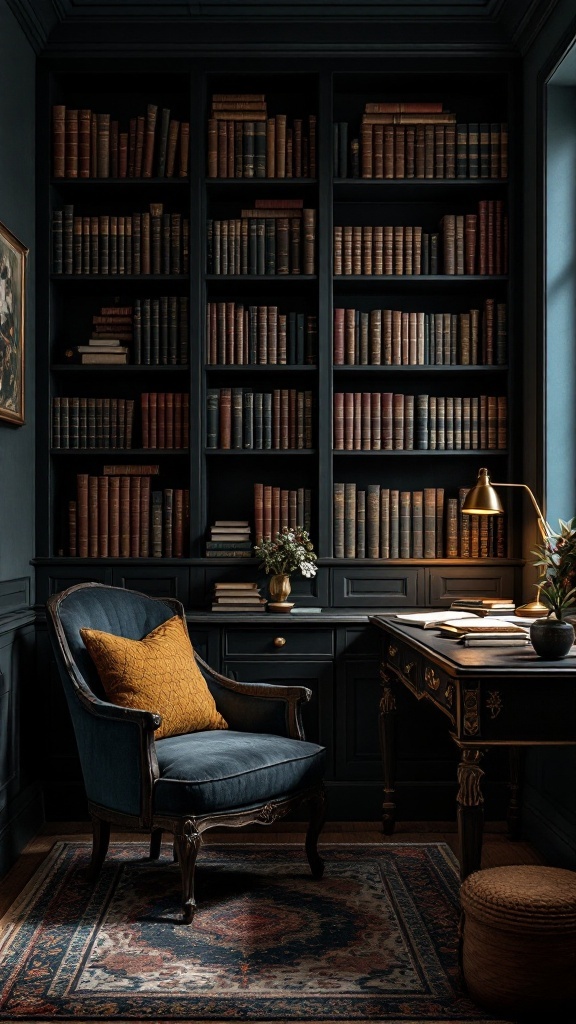 A cozy dark academia office nook with dark walls, a vintage chair, a desk, and tall bookshelves filled with books.