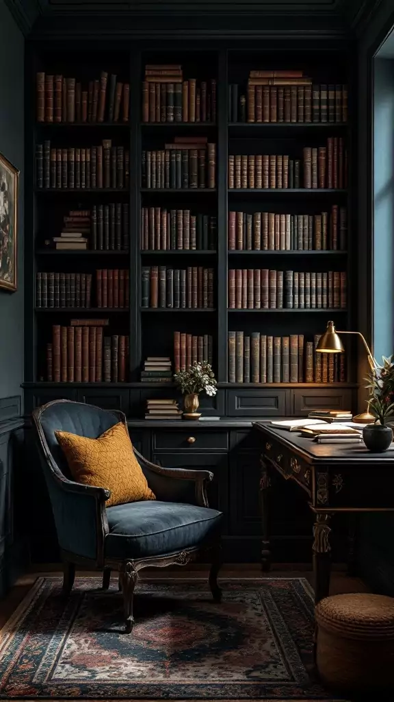 A cozy dark academia office nook with dark walls, a vintage chair, a desk, and tall bookshelves filled with books.