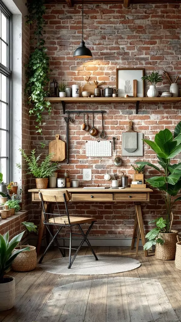 Cozy workspace featuring an exposed brick wall, rustic desk, and plants.