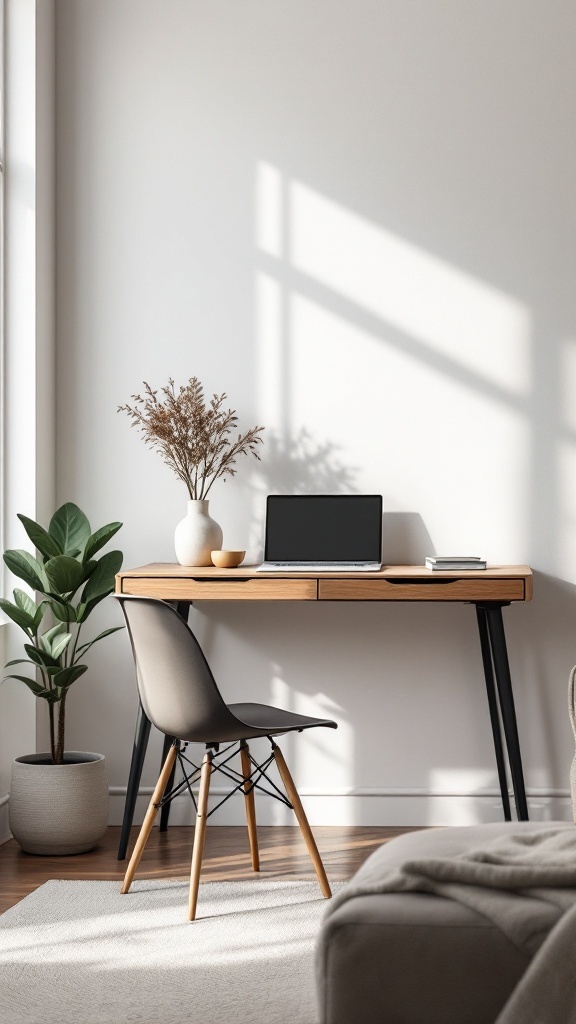 A slim wooden desk against a light wall with a chair, laptop, and decorative items, creating a functional office space in a living room.