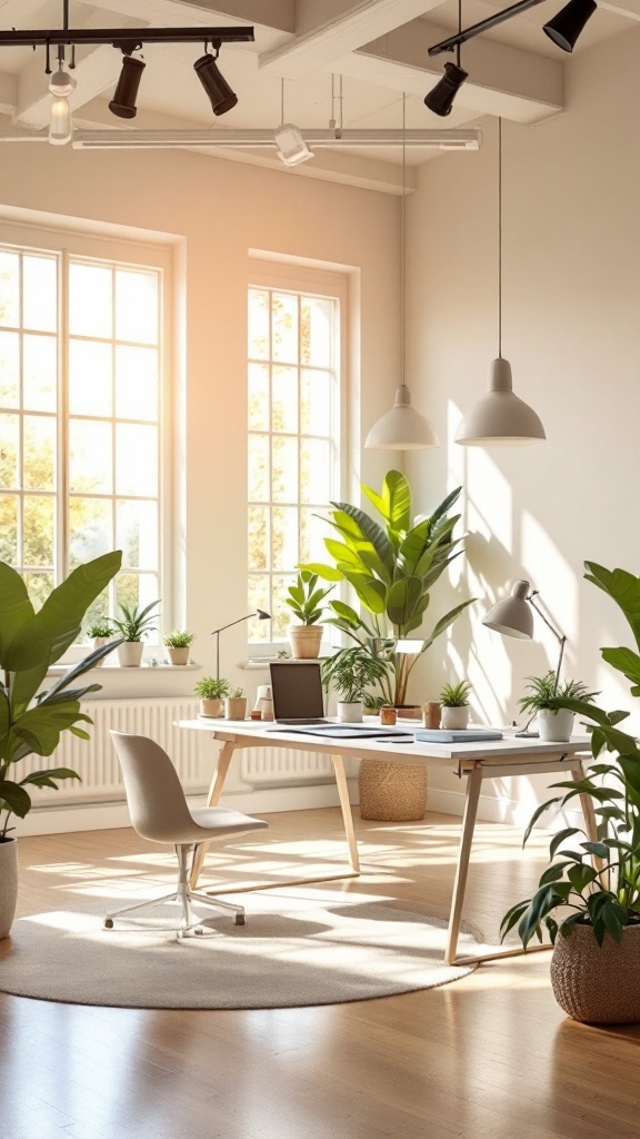 A bright and airy office with large windows, plants, and a clean, minimalist desk.