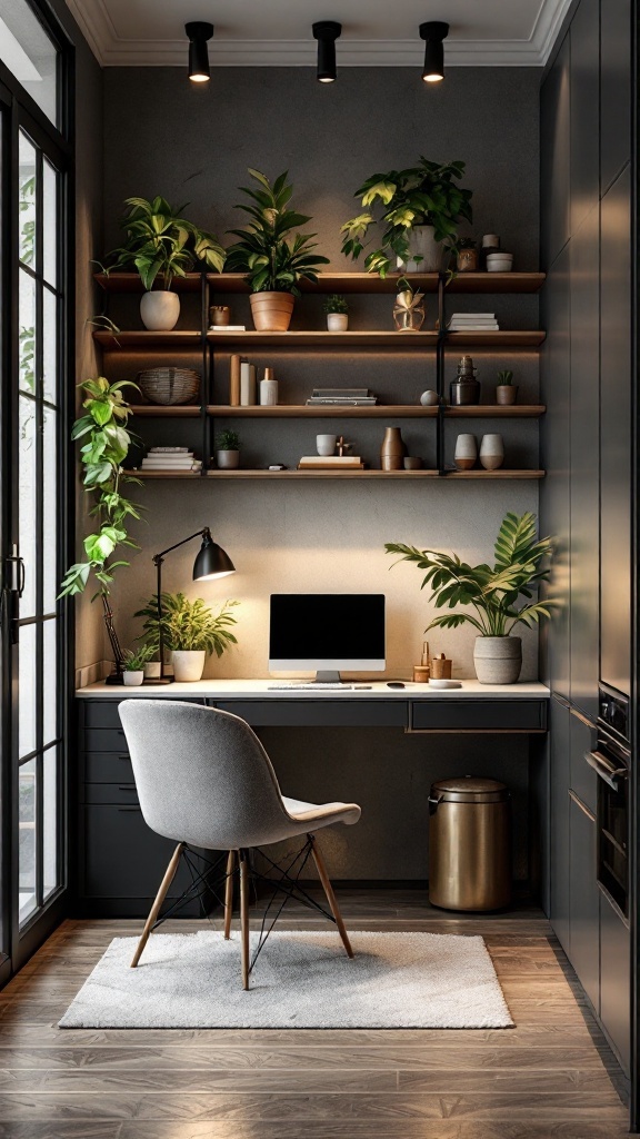 A modern kitchen office nook featuring a desk, plants, and stylish decor.
