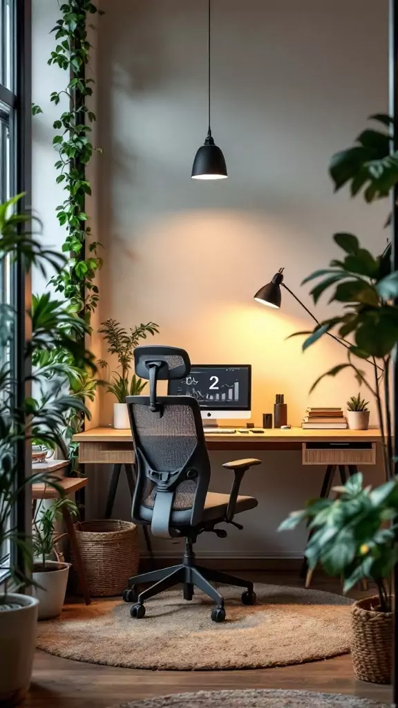 A cozy work nook featuring a desk, chair, and plants.