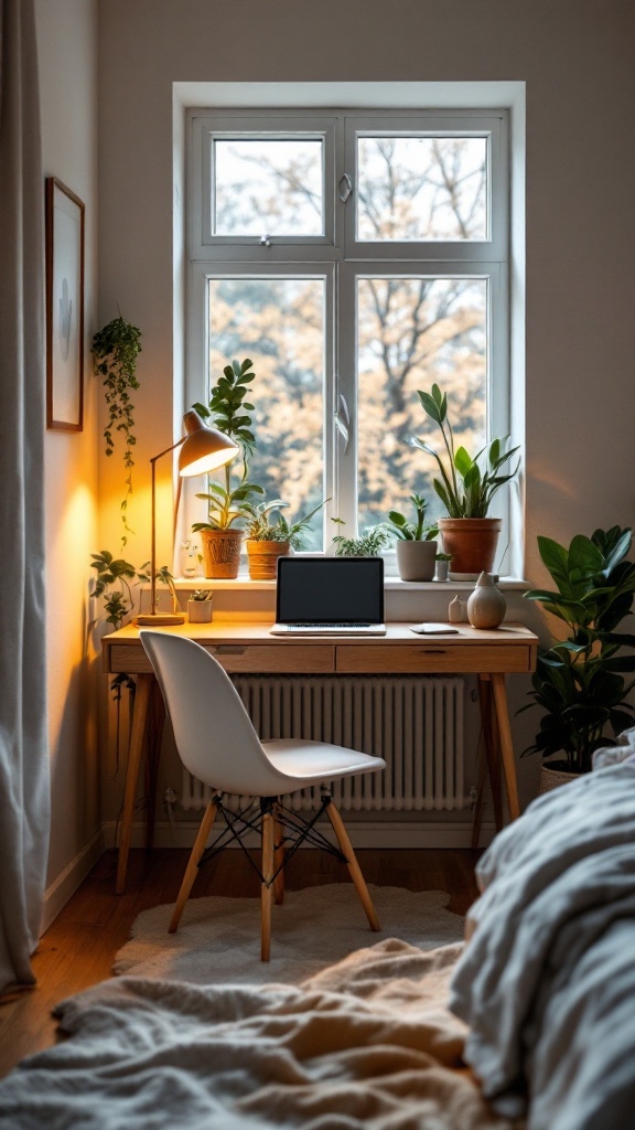 Cozy bedroom corner office nook with a desk, plants, and warm lighting.