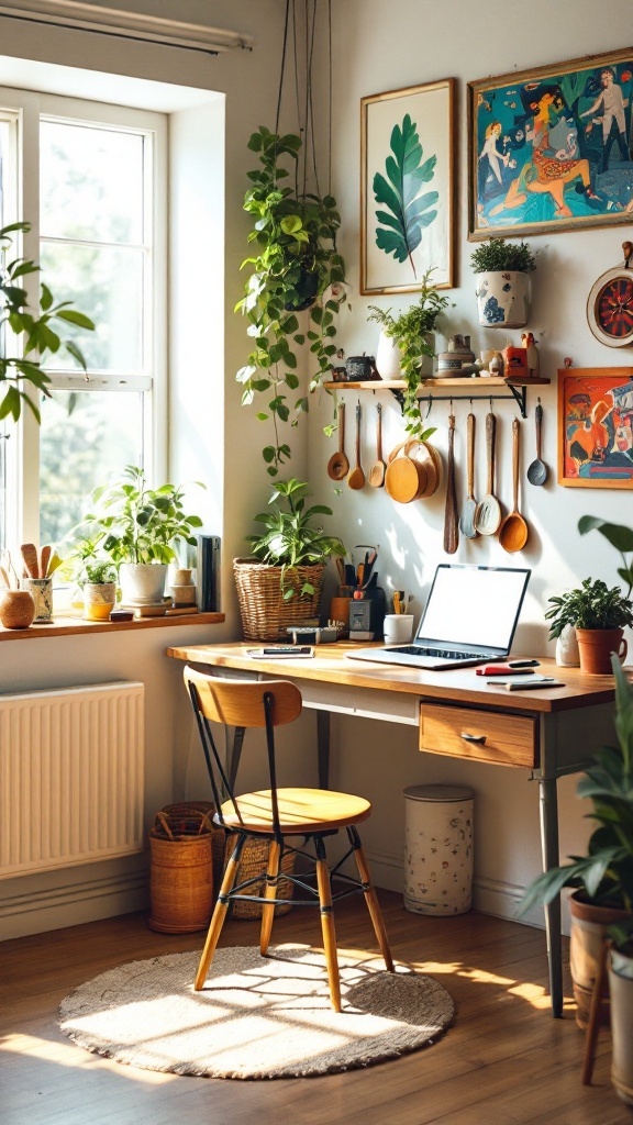 A bright and lively kitchen office nook with plants, artwork, and a wooden desk.