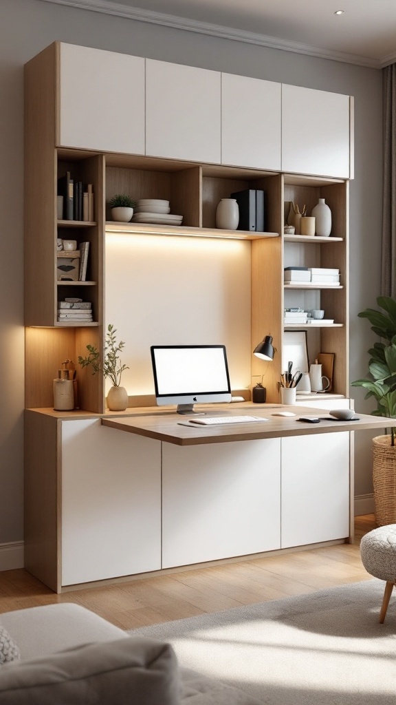A stylish fold-out desk integrated within a cabinet, showcasing a modern living room office combo.