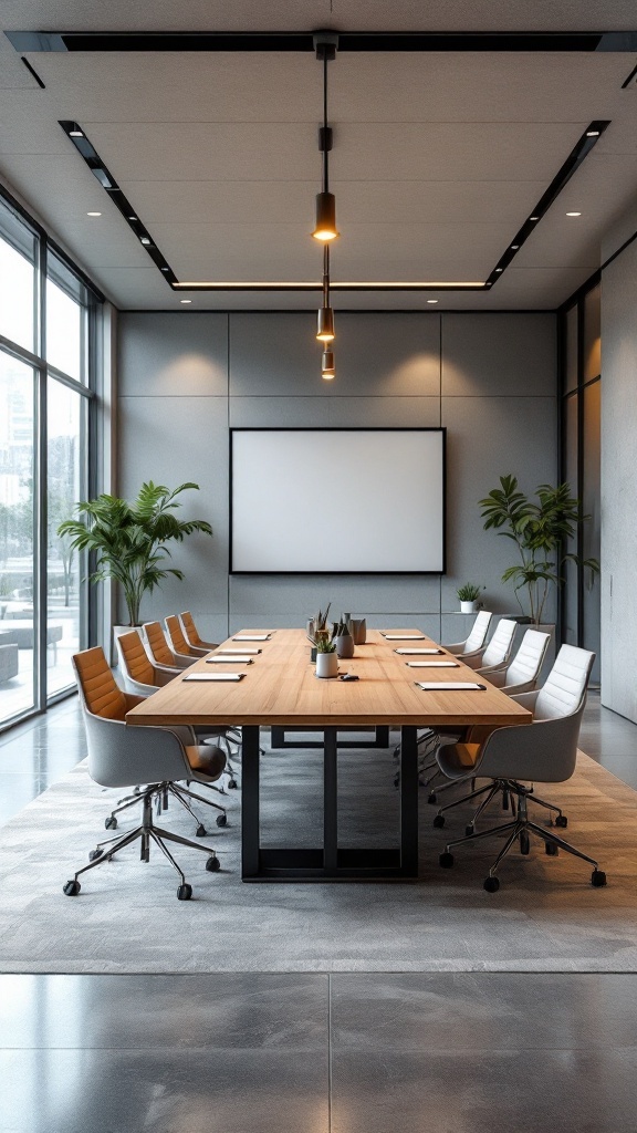 A modern hybrid meeting room with a large wooden table, ergonomic chairs, and large windows.