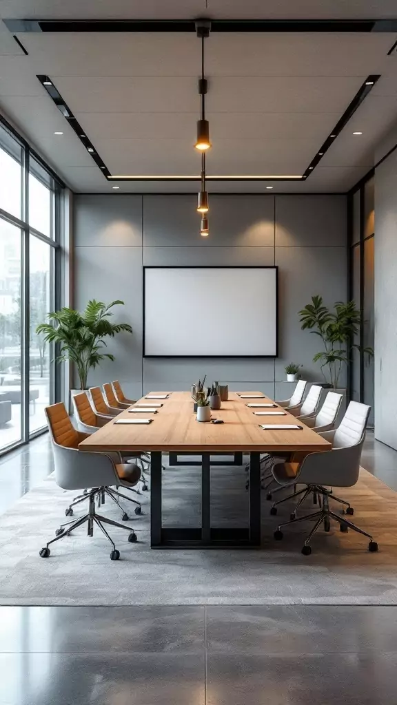 A modern hybrid meeting room with a large wooden table, ergonomic chairs, and large windows.