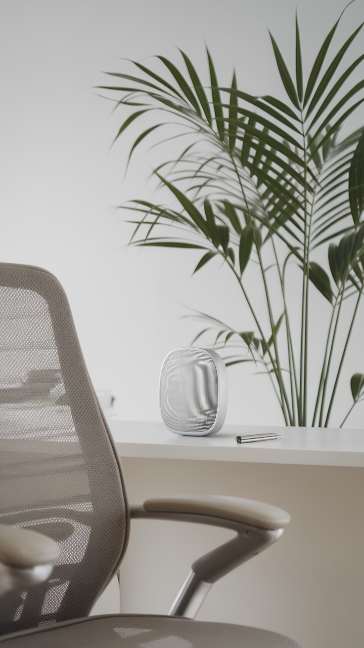 A minimalist office desk with a white noise machine and a plant.