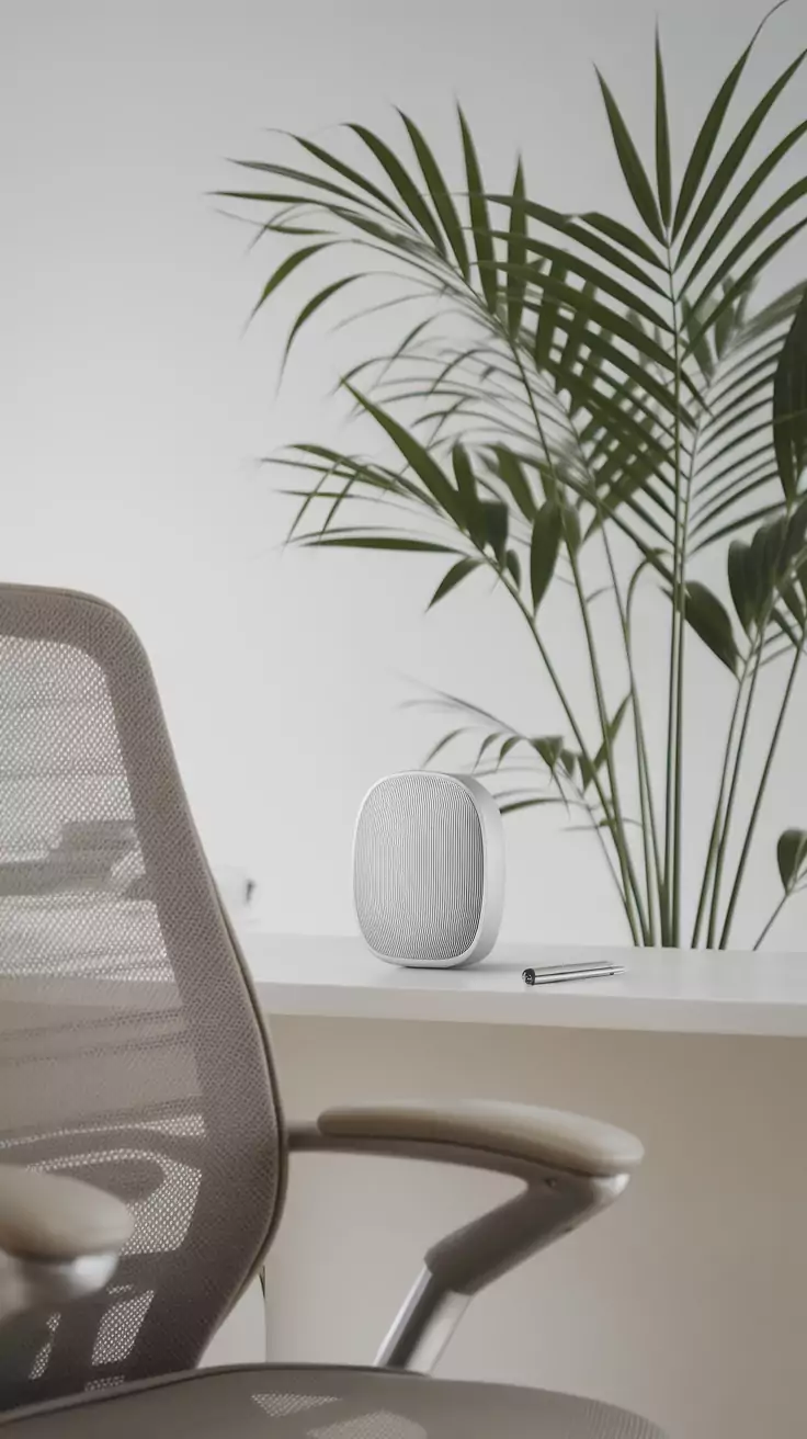 A minimalist office desk with a white noise machine and a plant.