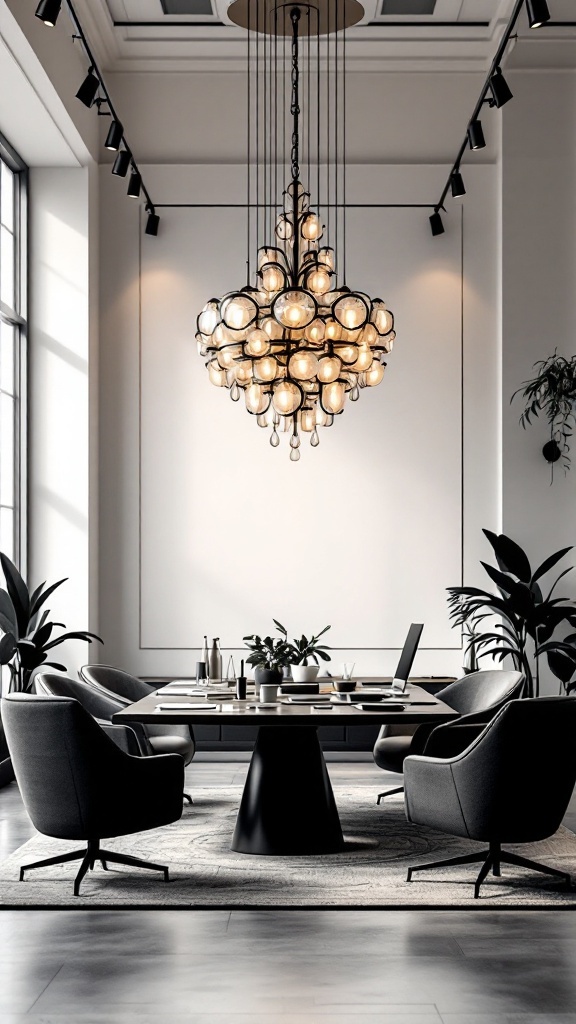 A stylish office interior featuring a statement chandelier, showcasing modern design elements.