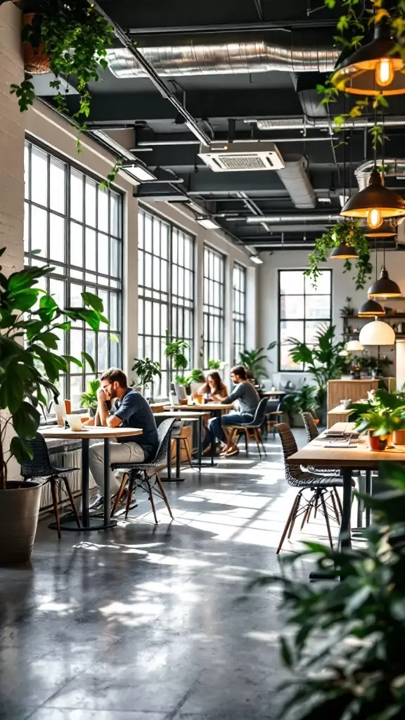 A cozy café-style workspace with people working at communal tables surrounded by plants and large windows.