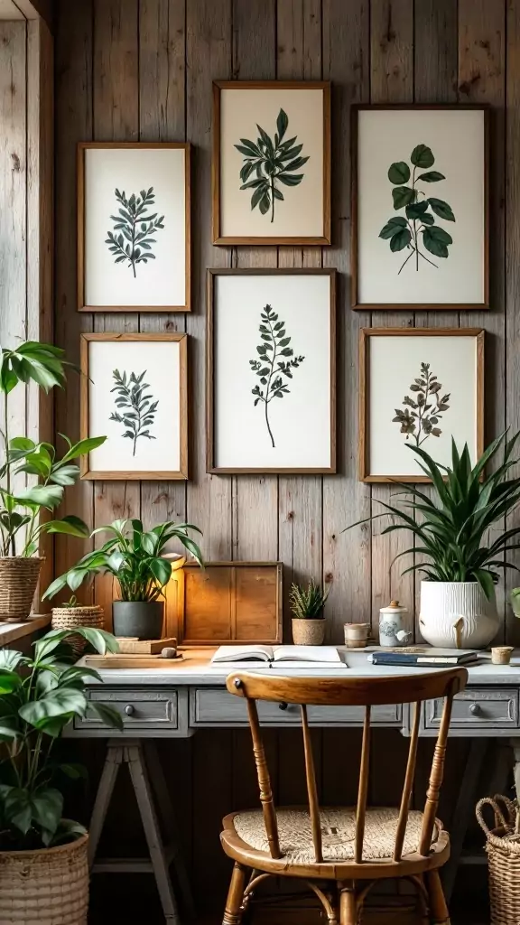 A cozy workspace featuring framed botanical prints on a wooden wall, surrounded by plants.