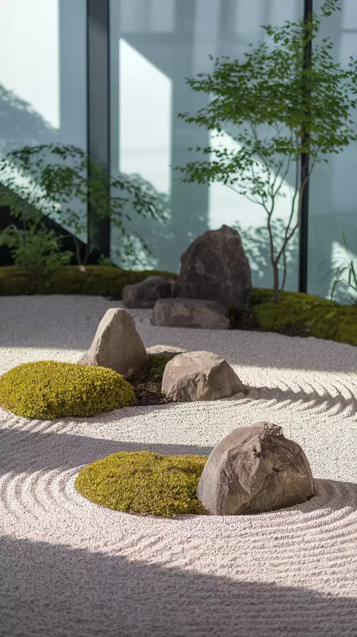 A serene Japanese rock garden featuring rocks, moss, and carefully raked gravel.