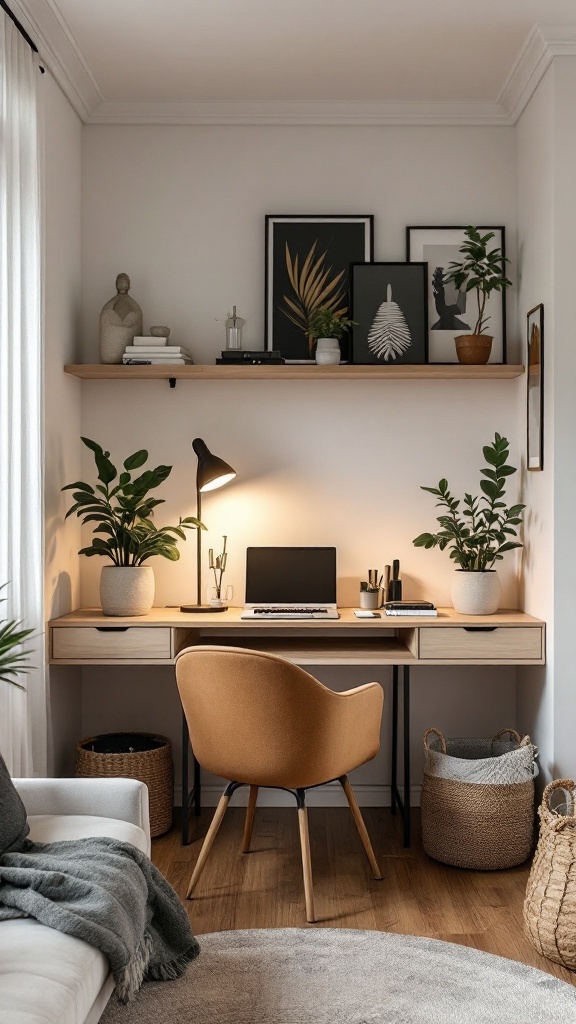 Cozy home office nook behind a sofa with a desk and plants.