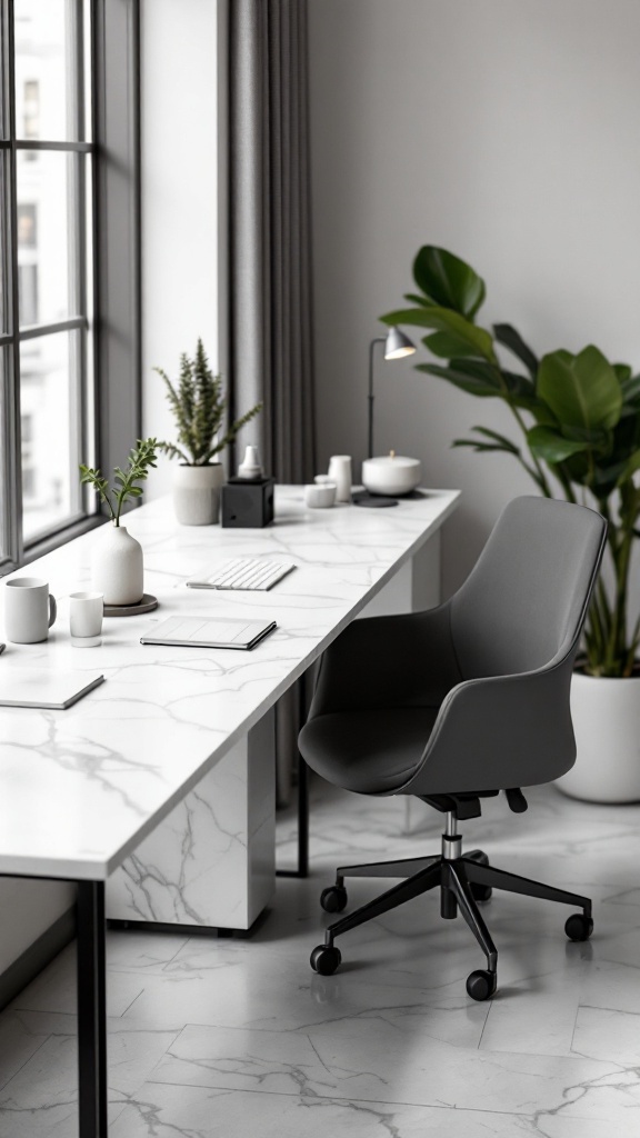 Stylish marble desk with a modern chair and plants on the side
