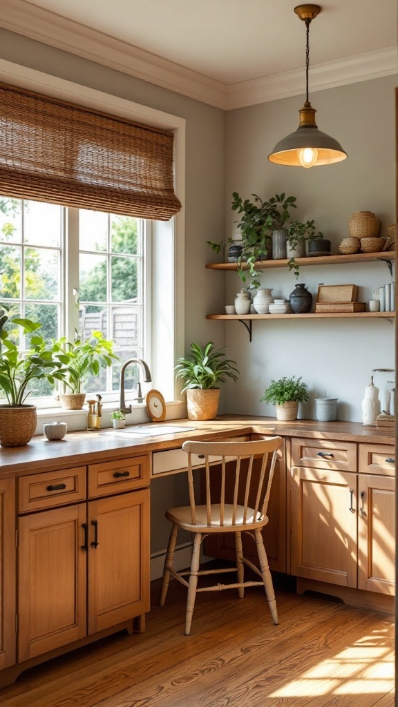 A cozy traditional kitchen office nook with a wooden desk, plants, and warm lighting.