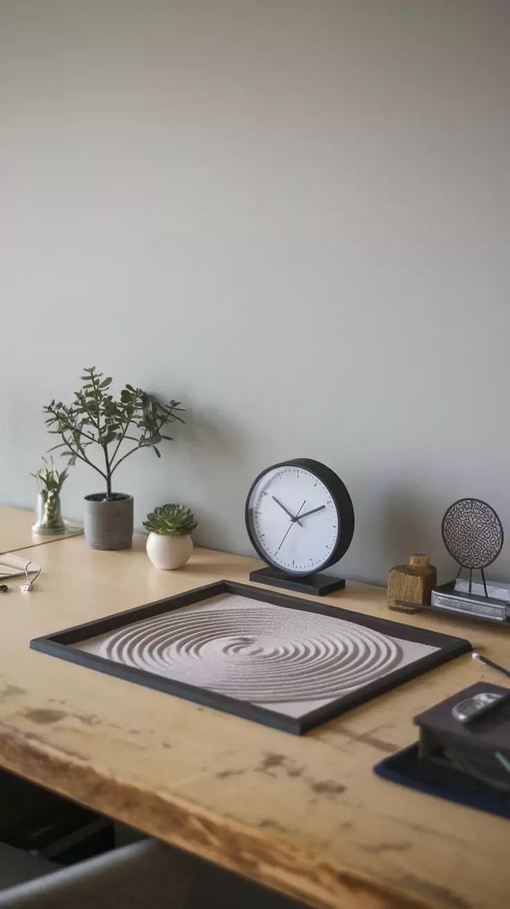 A calming office space with plants and a sand garden on the desk.