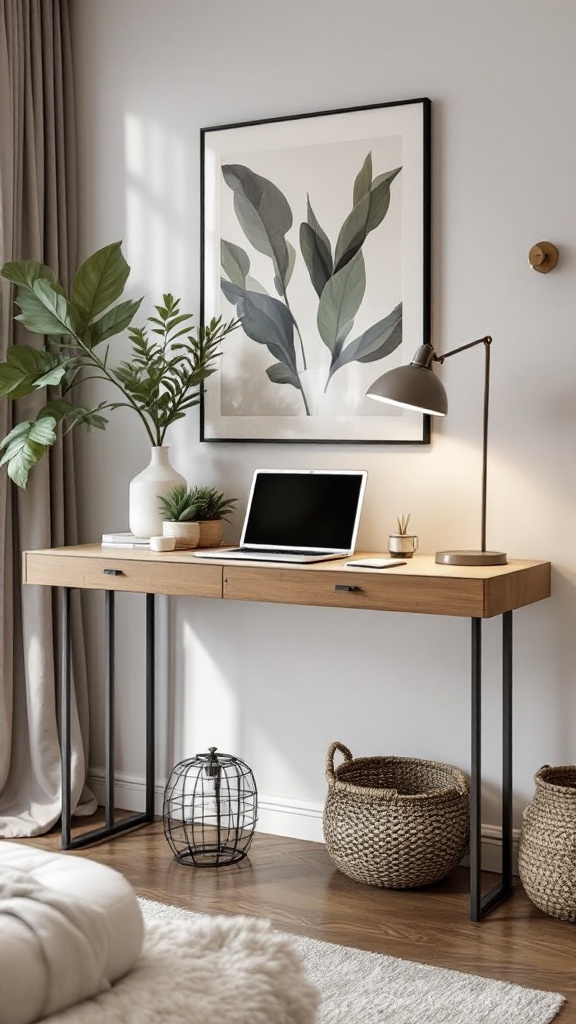 A stylish console table with plants, a lamp, and a laptop, serving as a workspace in a cozy living room.