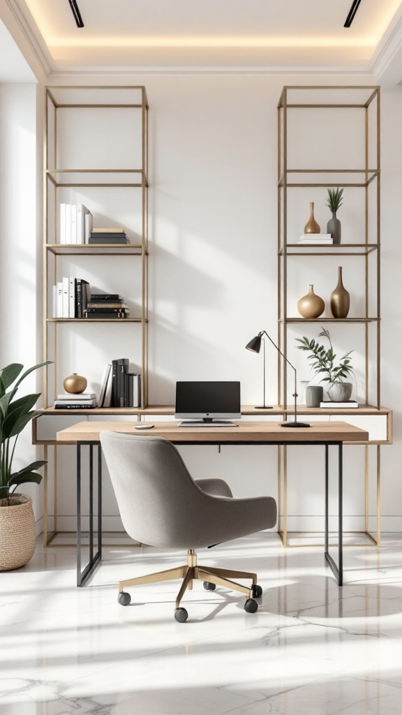 A stylish office with gold and glass shelving units, featuring a modern desk and comfortable chair.