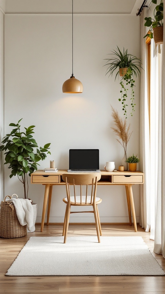 A minimalist kitchen office nook with a wooden desk and plants.