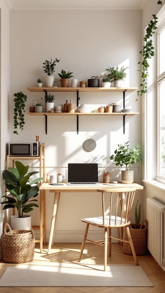 A cozy kitchen office nook featuring open shelving, plants, and a wooden desk.
