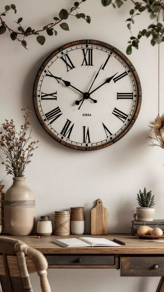 A rustic wall clock with Roman numerals in a cozy workspace setting.