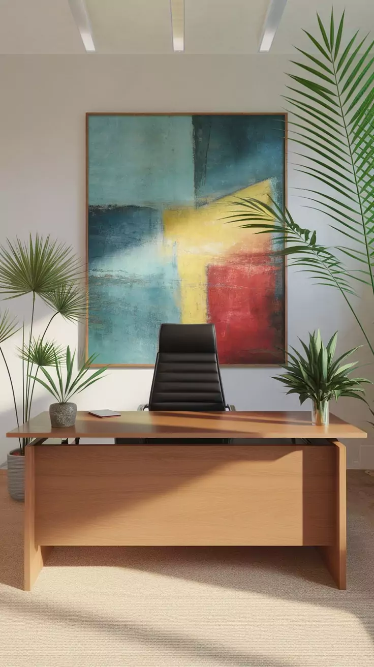 A modern office space featuring a wooden desk, black chair, and green plants with abstract art on the wall.