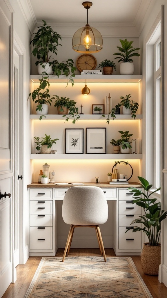 A cozy home office nook with a white desk, plants, and warm lighting in a hallway.