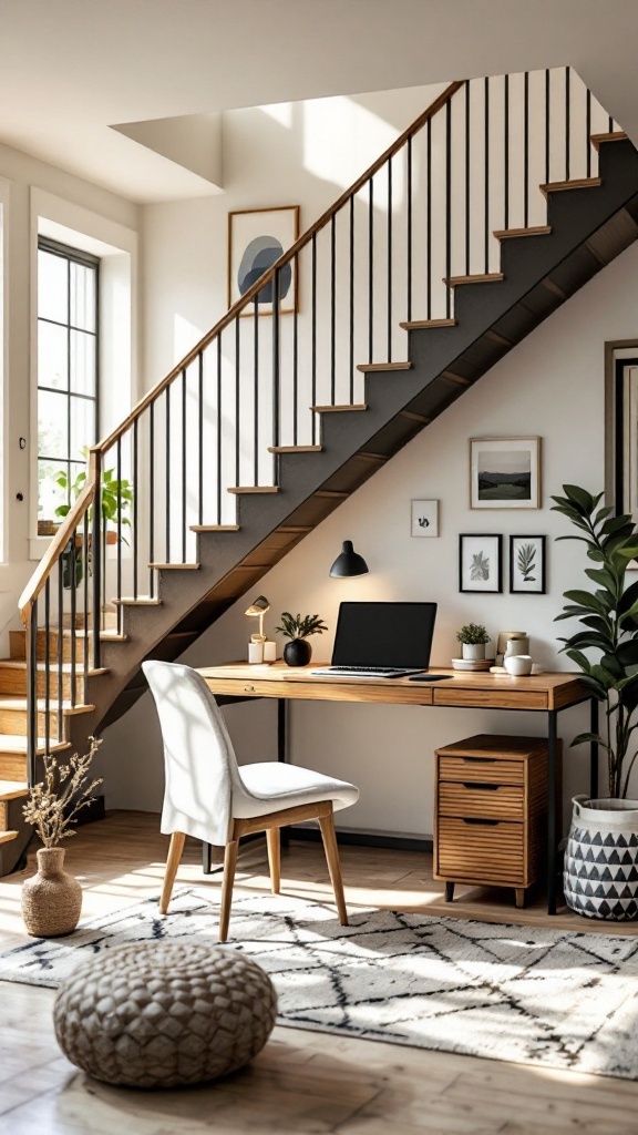 Cozy office setup under a staircase in a bright living room