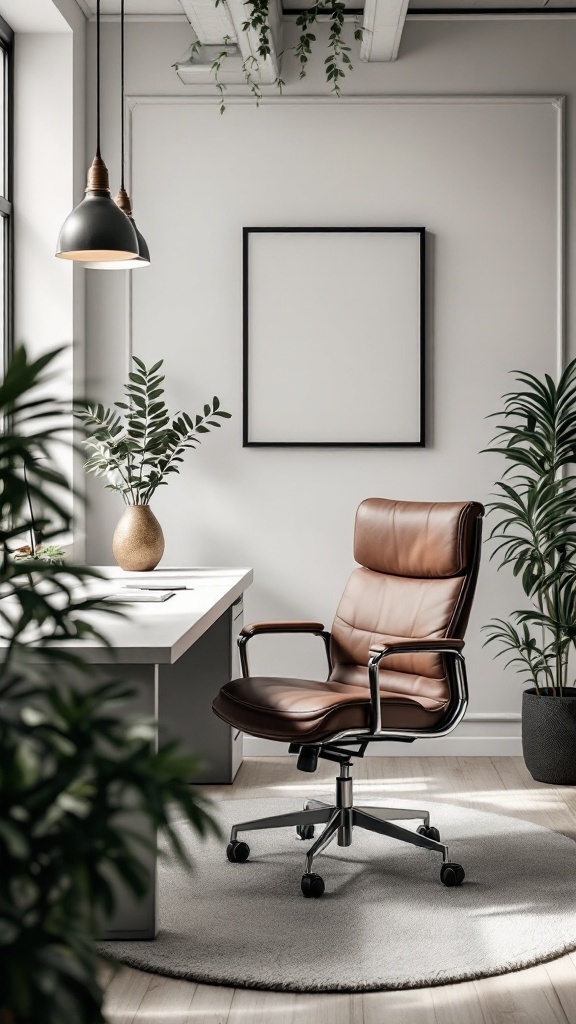 A stylish leather office chair in a modern workspace with plants and natural light.