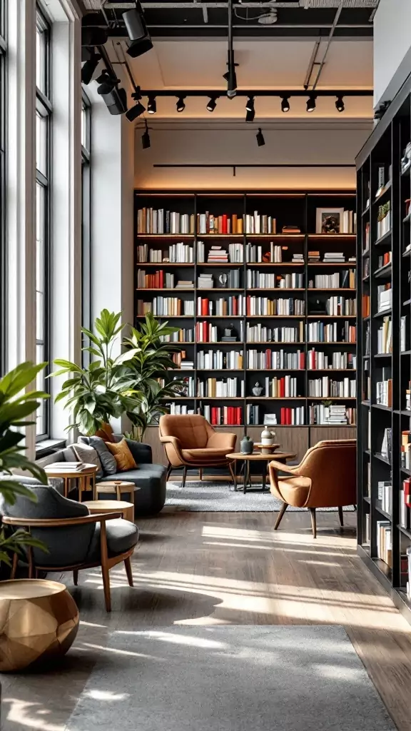 A modern shared library lounge with bookshelves, comfortable seating, and plants.