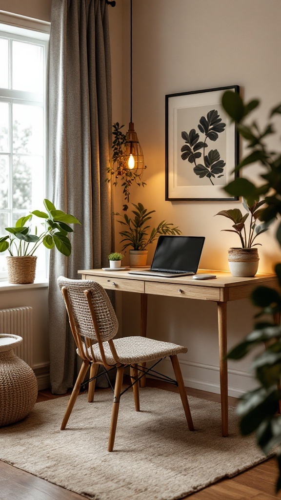 Cozy dining room office nook with plants and a wooden table