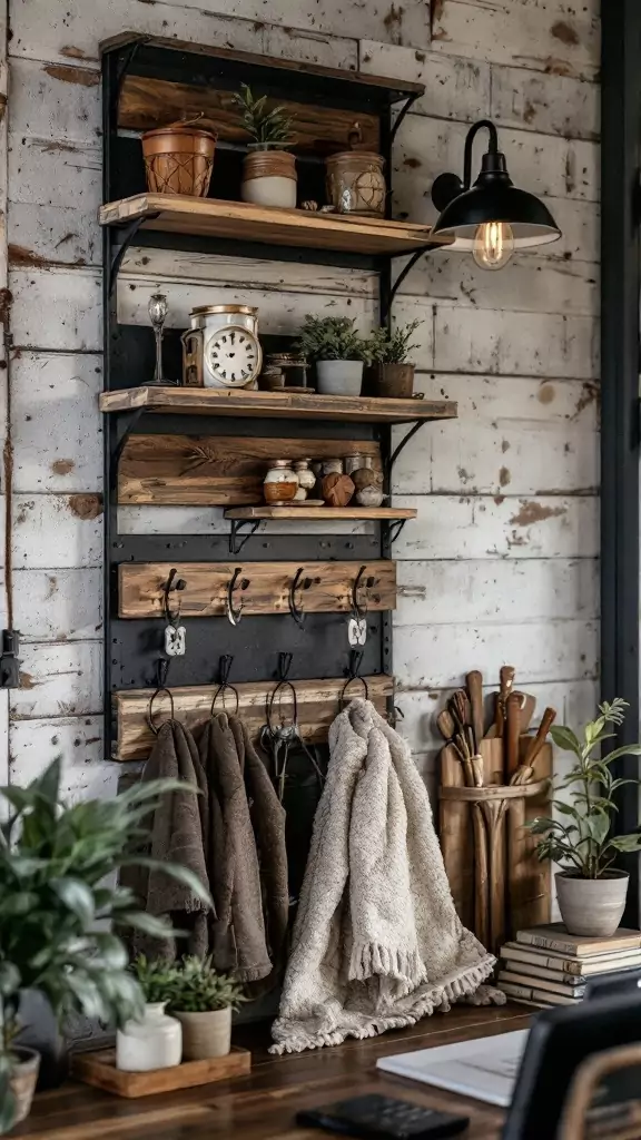 A metal and wood wall organizer with shelves and hooks, showcasing rustic decor elements.